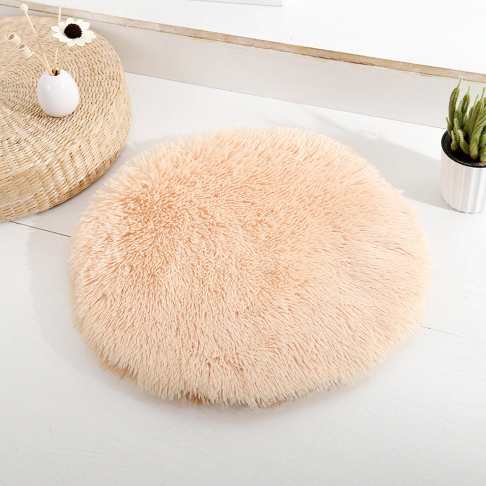 16 inch Plush Dog Bed Mat Warm Fluffy Round Puppy Crate Pad with Anti-Slip Waterproof Bottom Soft Comfy Pet Kennel Mat for Small and Medium Dogs Beige — image 2