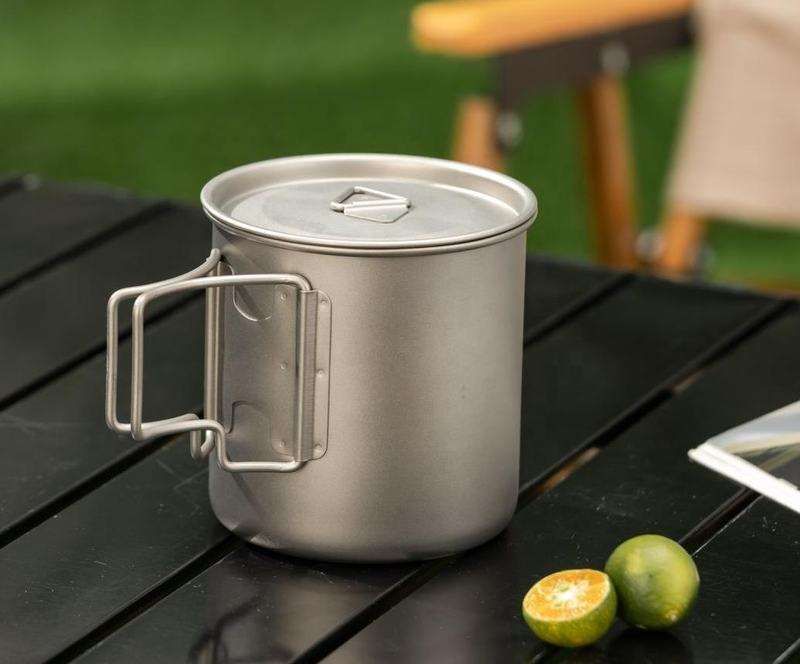 Camping Mug 500ml (16.91oz) with Lid – Ultra Lightweight Titanium Coffee Cup, Foldable Handle Outdoor Water Cup for Camping, Hiking, Travel, Backpacking and