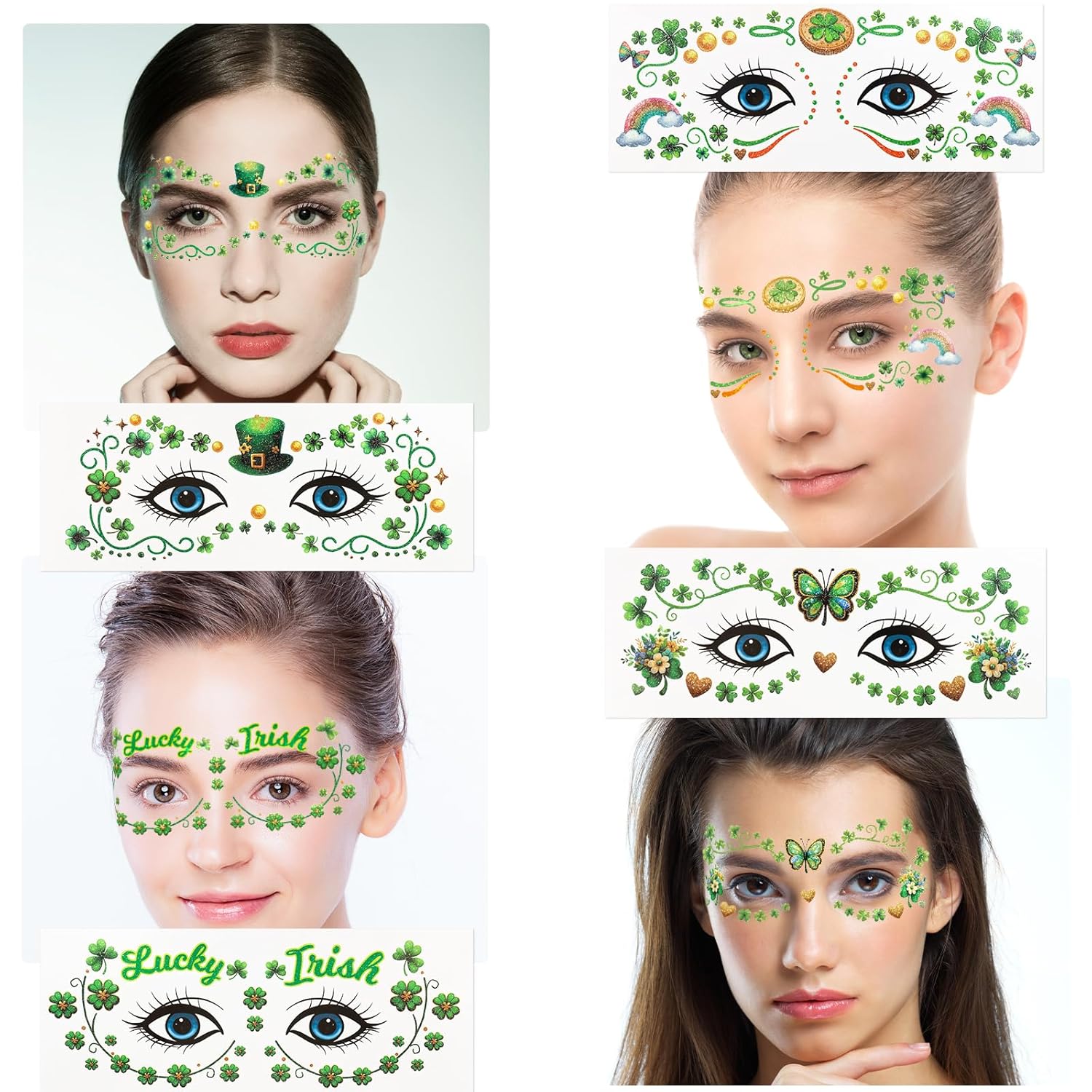 Ceiba Tree St. Patrick's Day Face Stickers Temporary Tattoos 10 Sheets Saint Patrick's Day Irish Shamrock Clover Make up Accessories for Women Kids Party — image 5