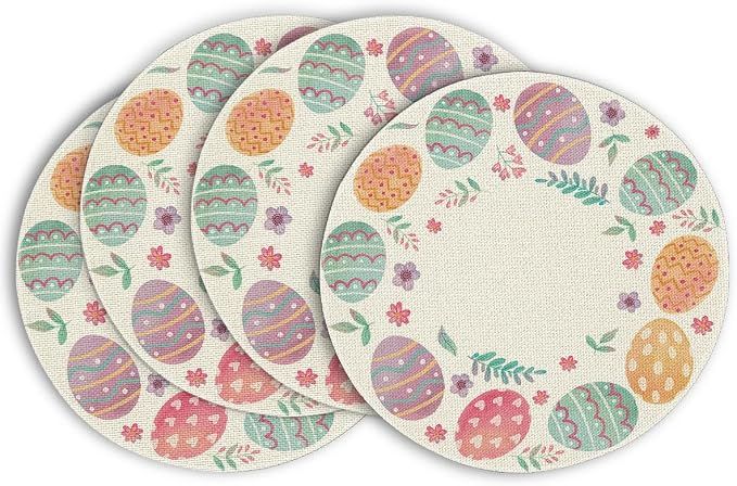 Easter Round Placemats Set of 4, 14 Inch Colored Eggs Floral Spring Round Table Mats for Easter Party Kitchen Dining Decoration