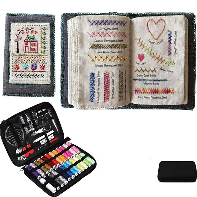 DIY Embroidery Stitch Book B Version, Linen Needlework Practice Book with 10 Fabric Pages, 19 Hand Embroidery Stitches Sampler, Hand Sewing Learning Kit for