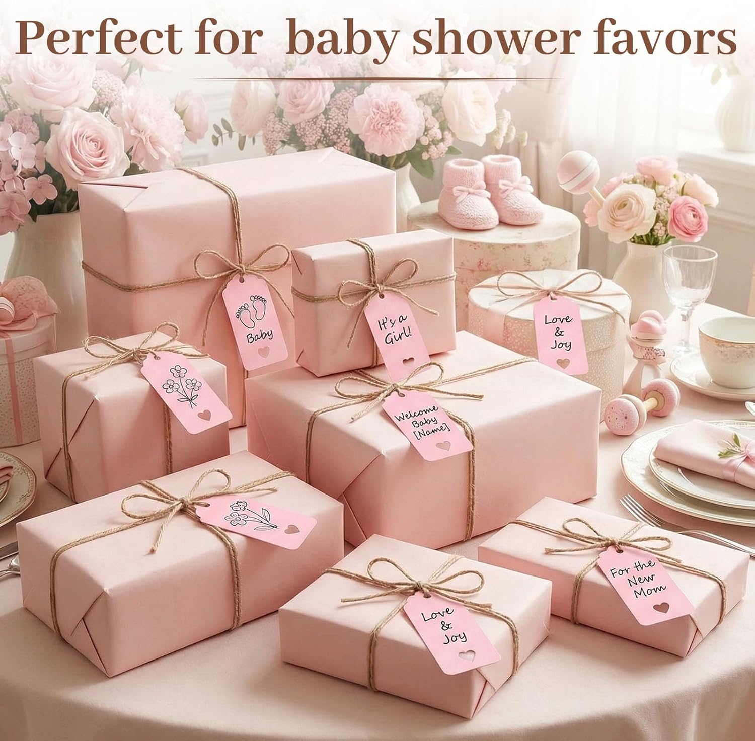 80PCS Gift Tags with String Attached, 3.5 × 1.5 Inches Pink Heart Gift Tags with String for Wedding, DIY Crafts — image 3