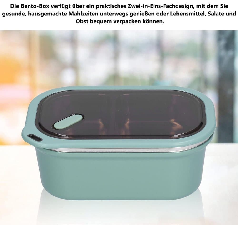 Stainless steel lunch box 1200ml with spoon, double layer 2 compartments leak-proof, 304 stainless steel, Green — image 2