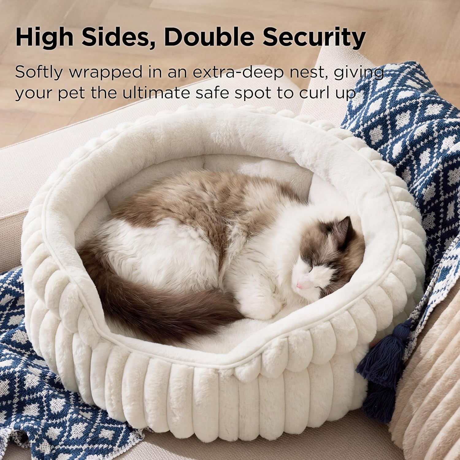 Cat Bed, Washable Round Cute Cat Beds for Indoor Cats, Super Soft Corduroy Pet Bed for Puppy and Kitten with Anti-Slip Bottom, 23''x23''x8.5'', Cream — image 2