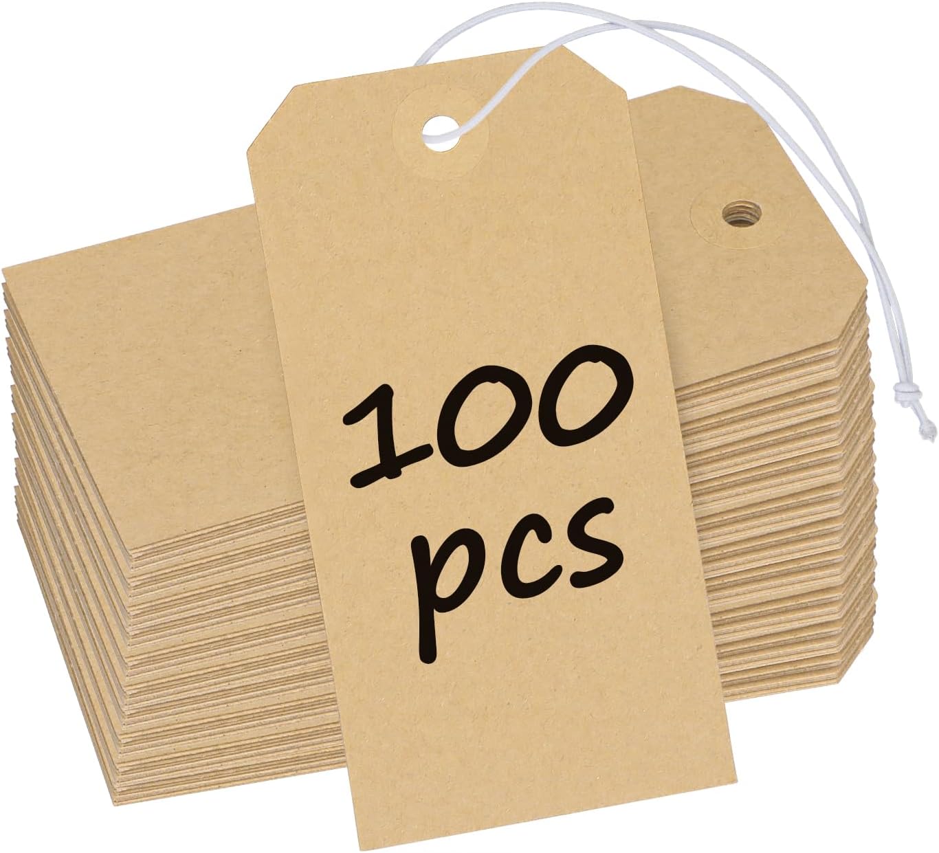 100 Pcs Kraft Blank Shipping Tags with Elastic String Attached Hanging Paper Tags with Reinforced Eyelet Large Marking Price Tag Inventory Label Tag, 4.7" x 2