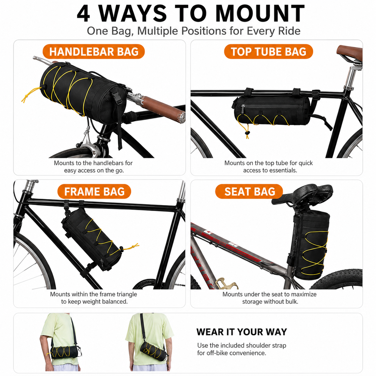 Black Bicycle Handlebar Bag with Fluorescent Orange Elastic Cord Waterproof Front Frame Storage Bag Large Capacity Cycling Pouch for Mountain Road โ image 3
