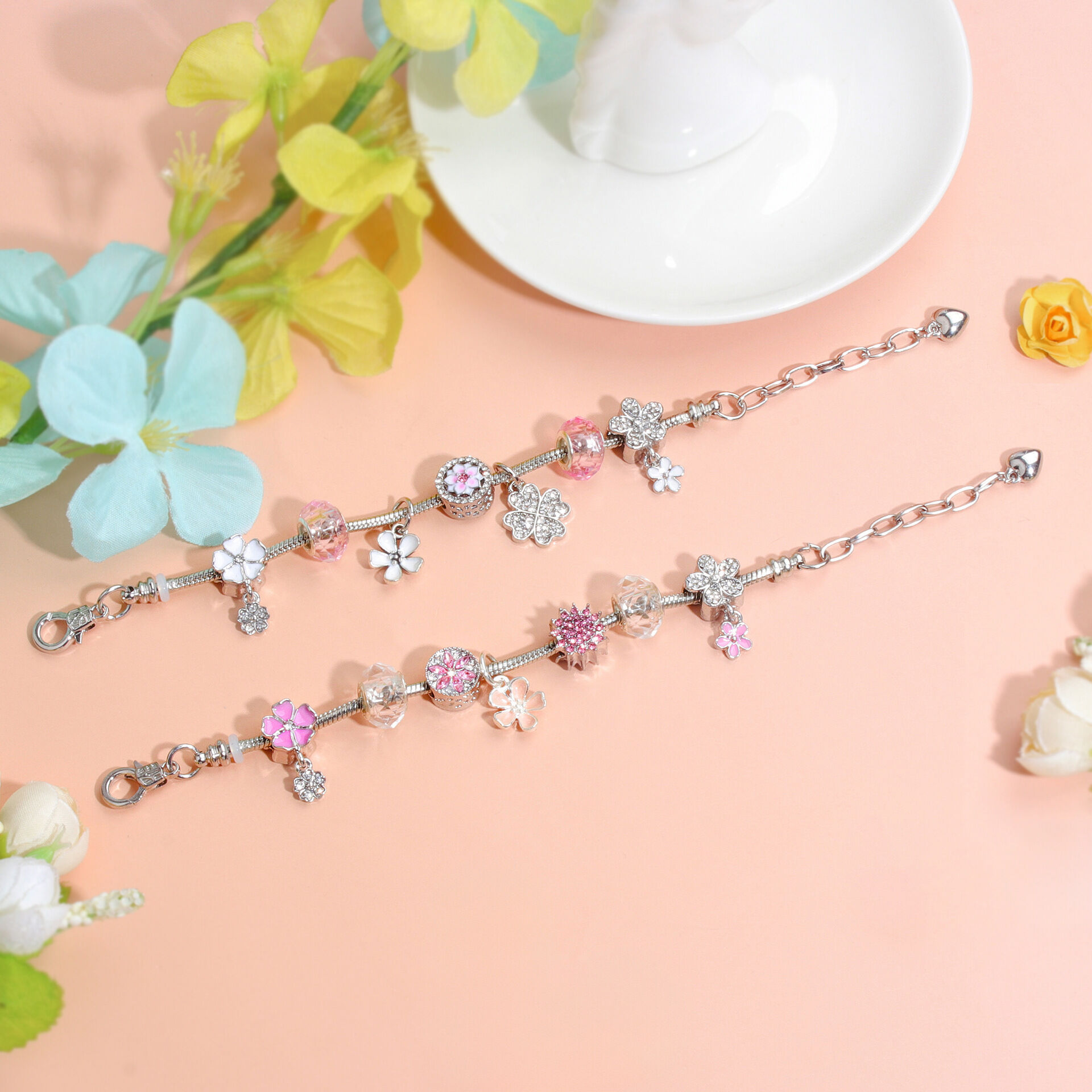 Chic Camellia Bead Charm DIY Bracelet with Crystal(pink flower-20cm) โ image 4