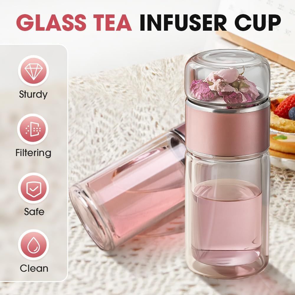 Double Wall Glass Tea Infuser Bottle Tumbler - 12oz/350ml Leakproof Travel Mug with Stainless Steel Filter for Loose Leaf Tea & Fruit Water, Hot or Cold Ready — image 4