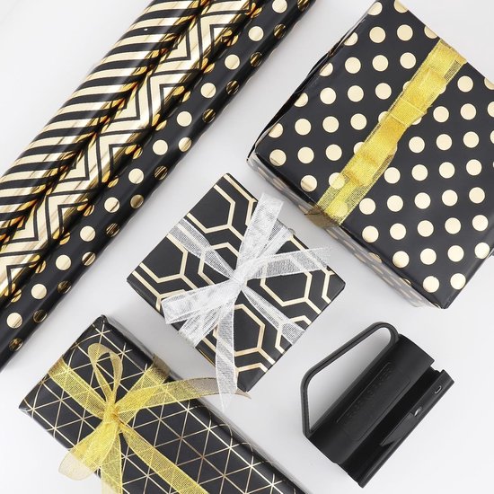 Wrapping Paper Set - 6 Rolls Gold & Black Christmas - Includes Ribbon & Stickers - 43x300 cm Per Roll โ image 2