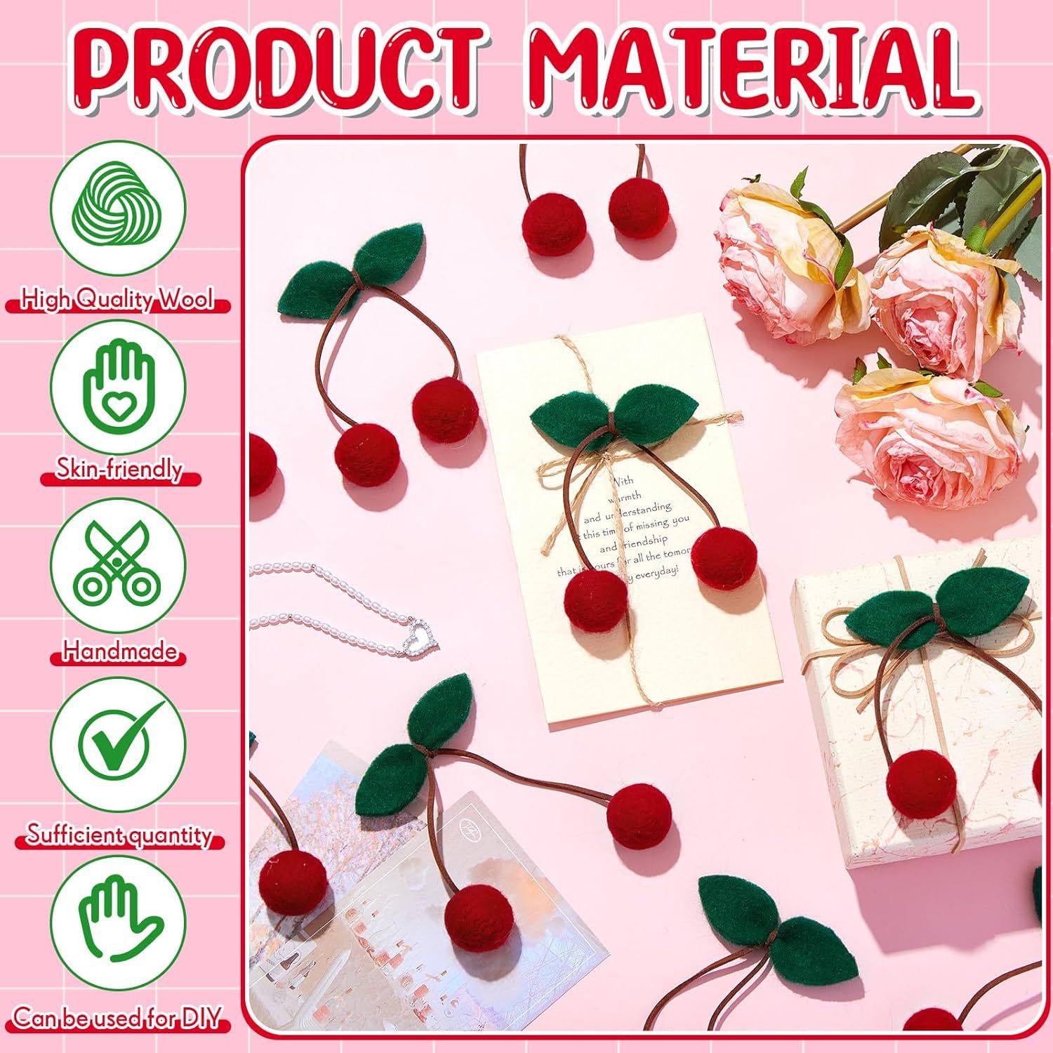 20 Pcs Cherry Party Decor Cherry Felt Balls DIY Garland Craft Handmade Cute Wool Pompom Fruit Baby Shower Decorations for Birthday Baby Shower Party Wedding โ image 4