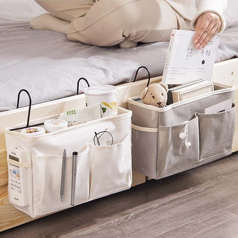 Bedside Caddy Storage Organizer with Metal Hooks, Multi-Pocket Linen Hanging Bed Caddy for Dorm Bunk Beds, Sofas—Gray — image 2