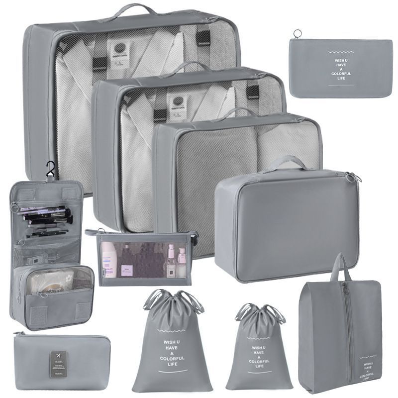 All-Inclusive Suitcase Garment Storage Kit, 11 Pcs Travel Pouches Including Double Drawstring Sacks, Hanging Wash Bag, Makeup Pouch & Electronics Bag, Grey