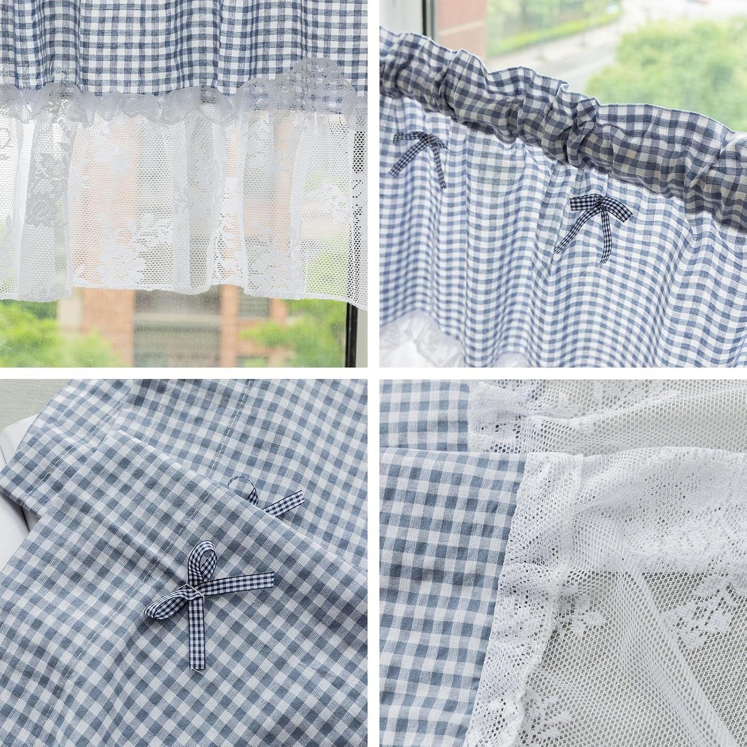 Blue and white checkered curtains, lace semi transparent kitchen curtains, living room semi curtains (blue 106 * 45cm) โ image 4