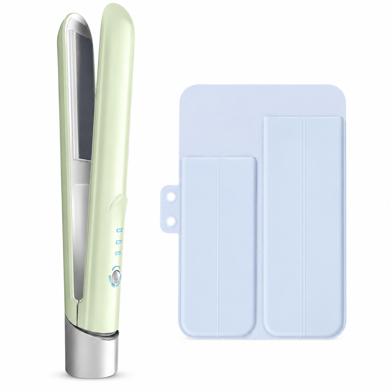 Green Cordless Mini Hair Straightener and Blue Curler and Heat Resistant Silicone Storage Mat - 3 Temperature Settings, Travel Friendly, Alloy
