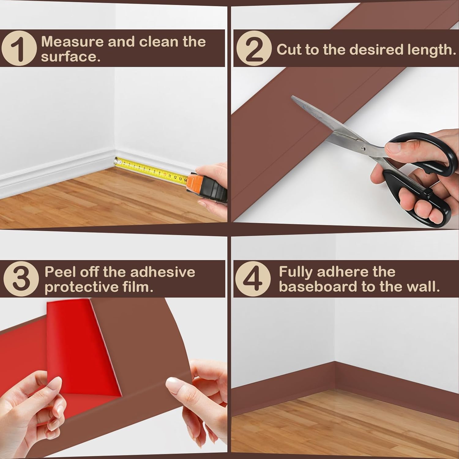 Flexible Wall Base Baseboard Molding Trim, 4 Inch(W) x 20 Feet(L) Self-Adhesive Vinyl, Peel and Stick Cove Base, Rubber Wall Base Moulding Trim(Brown) — image 6