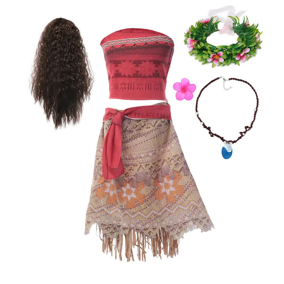 Moana Dresses Girls Children's Clothing Cosplay Vaiana Princess Dress Necklace Wig Kids Carnival Party Summer Disney Costume Set Moana Set 03 9-10T(150)