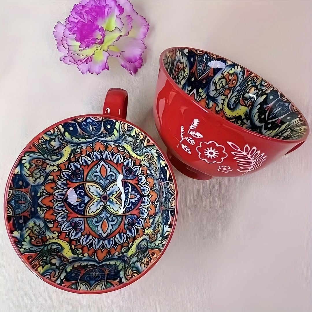 Bohemian Ceramic Cups Vibrant Floral Drinkware Hand-Painted Coffee Cups Unique - Jadeite plume - Size 400ml โ image 5
