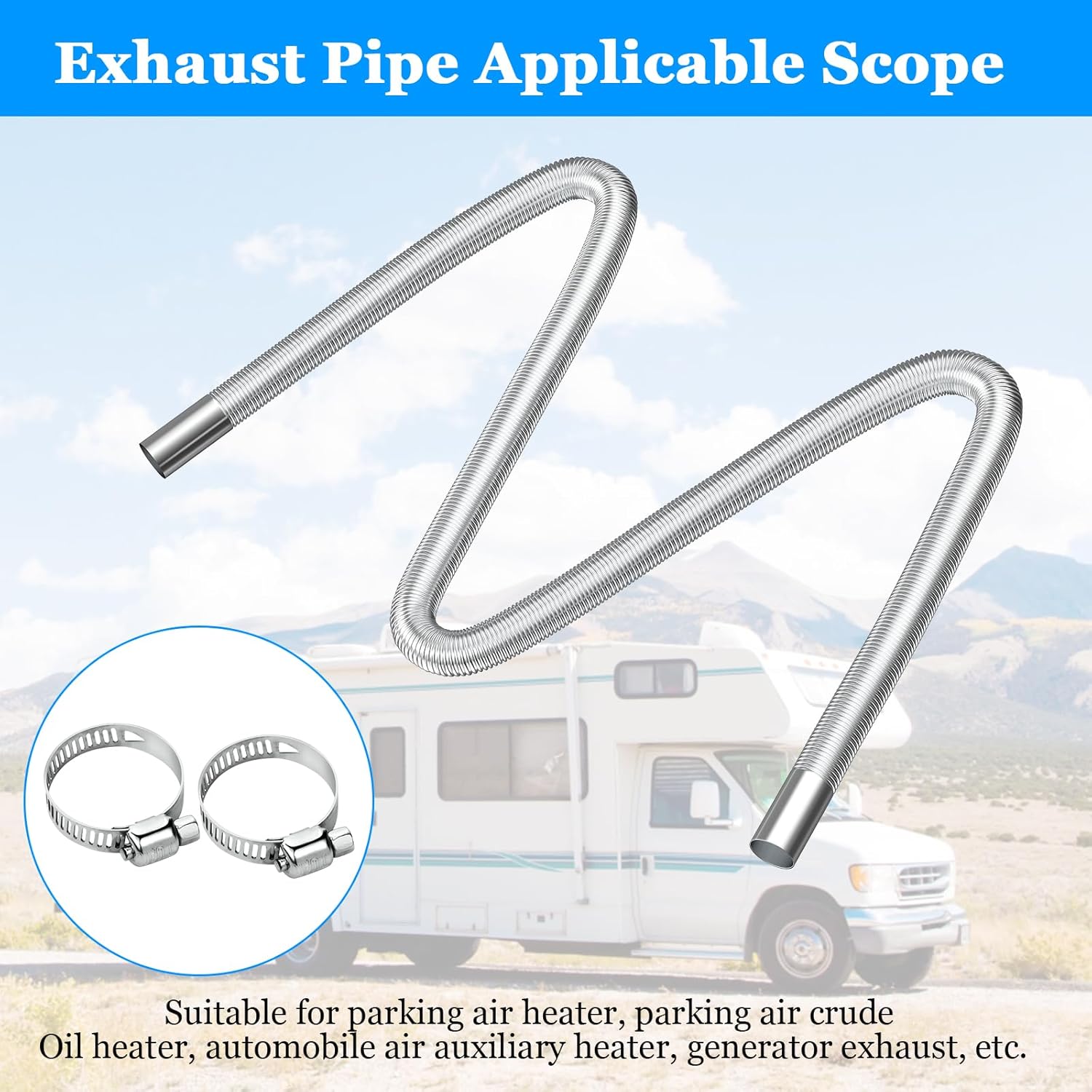 Air heater hose, 300 cm ร 2.5 cm stainless steel exhaust pipe, parking heater pipe with 2 hose clamps โ image 6