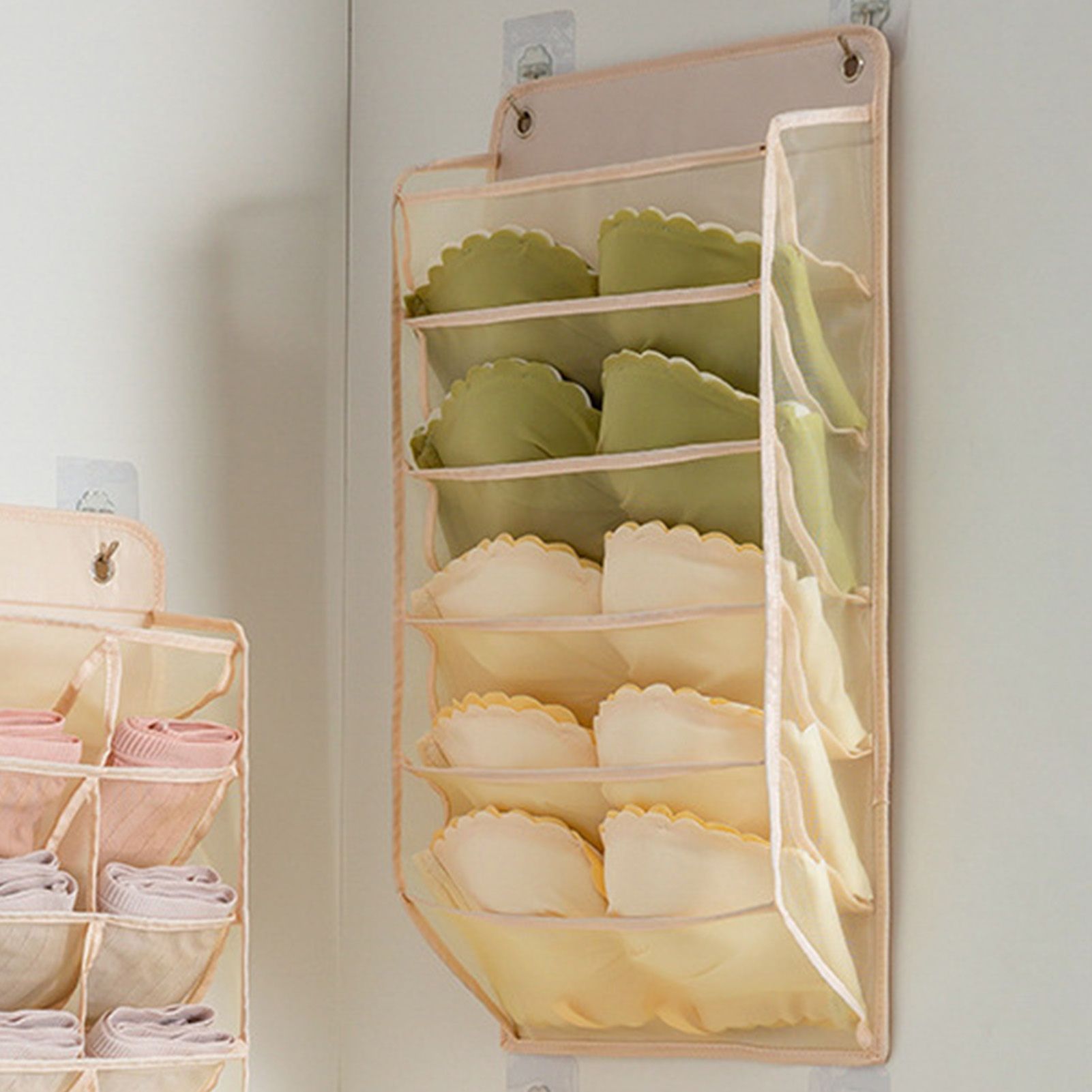 Closet Hanging Underwear Organizer Mesh Oxford Cloth PP Board Underwear Wall Shelf Wardrobe Hanging Storage Bag for Bra Socks Underpants 5 Pockets Beige — image 6