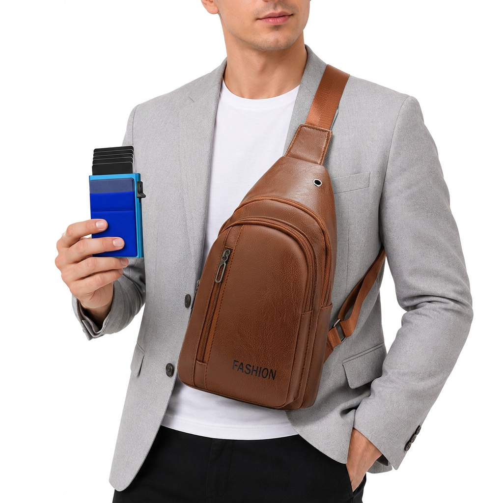 Office Commuter Business Set-Light brown Men's PU Leather Chest Bag and Blue RFID Blocking Aluminum Wallet - Waterproof Crossbody Sling Bag with