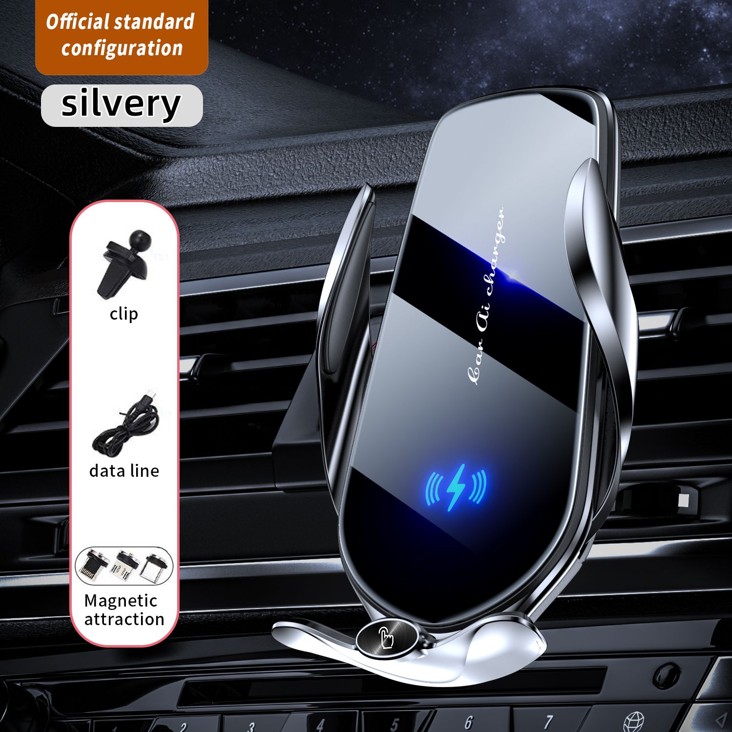 FJ22 Auto Clamping Wireless Car Charger Mount Infrared Air Vent Phone Holder,Silver — image 2
