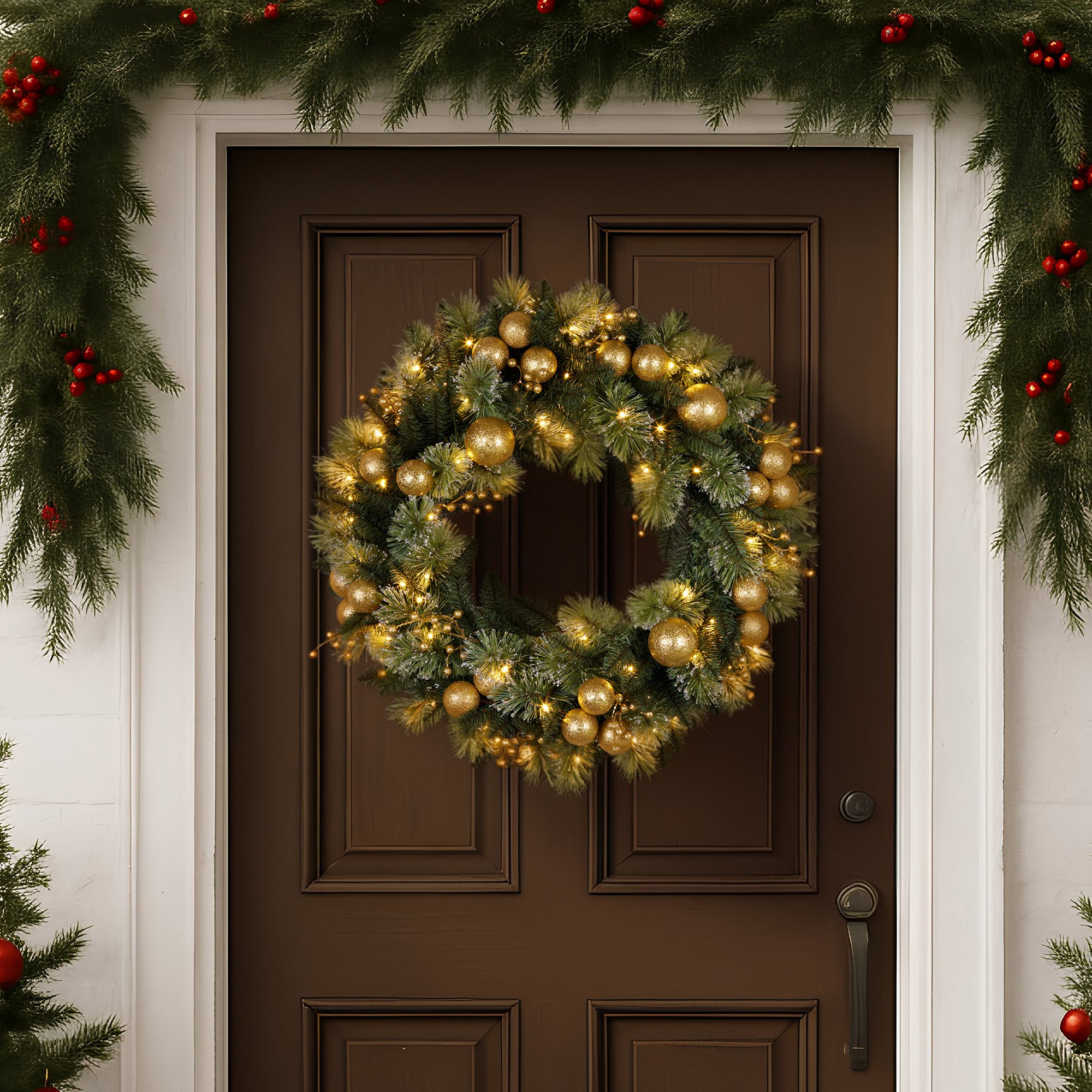 Christabelle 61cm Christmas Wreath Glittery Tipped with LED Lights and Golden Baubles Front Door Decoration Ornament โ image 6