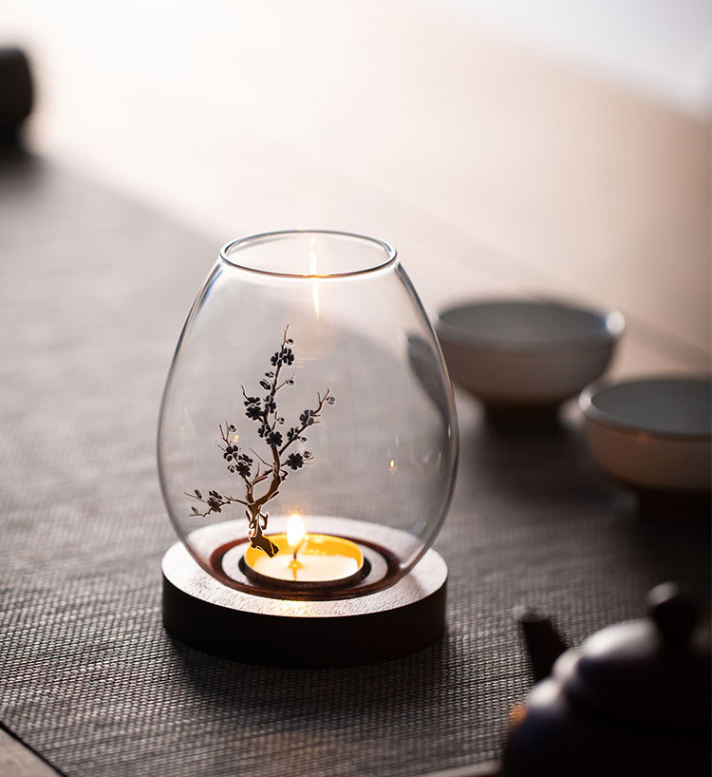 Windproof Glass Candle Cover with Wood Base - For Tealights, Zen Home Accent (Plum blossom candlestick) — image 4