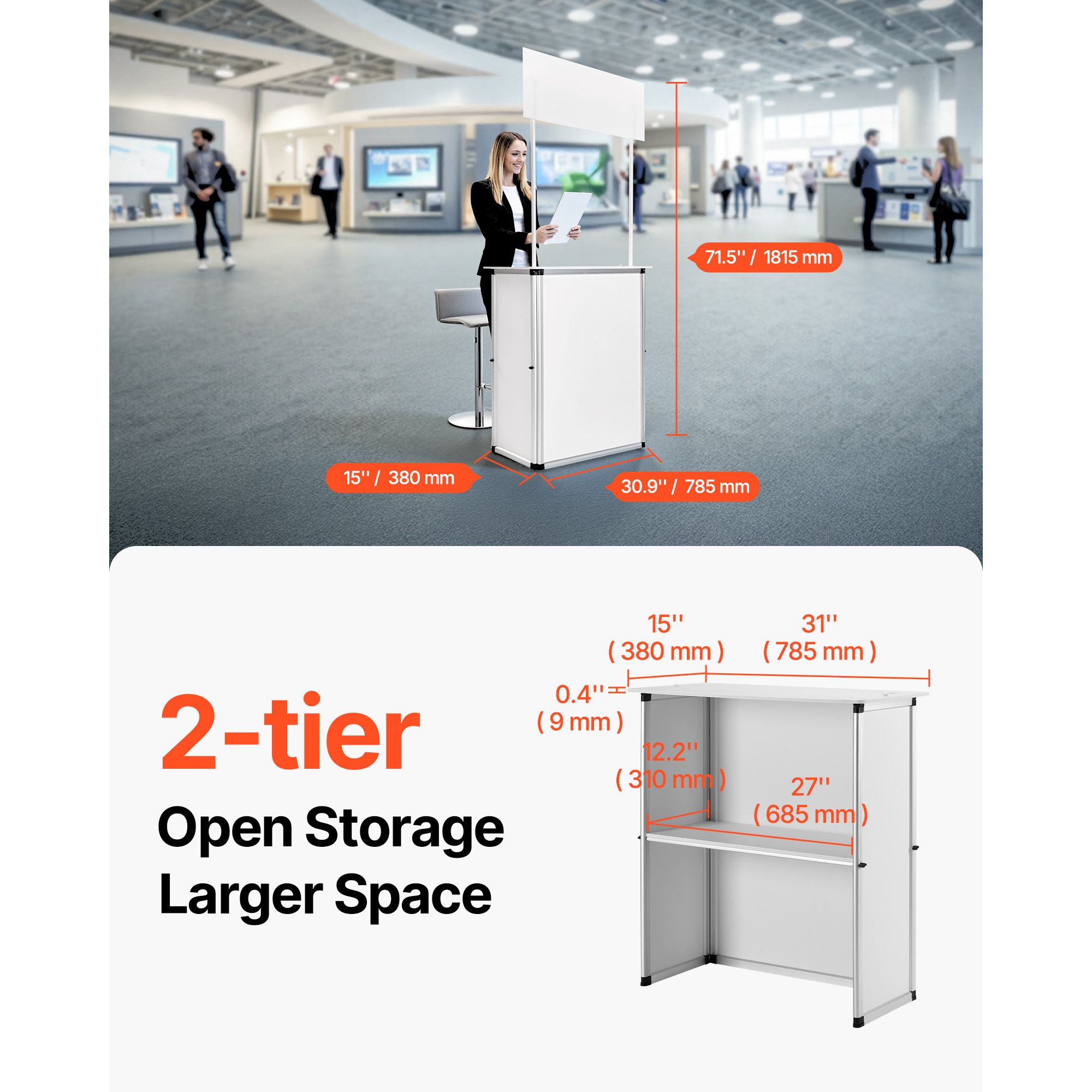 Portable Tradeshow Podium Table, 785 x 380 x 1815 mm, Display Exhibition Counter Stand Booth Fair with Wall, Foldable Promotion Retail Bar Table Pop Up Podium — image 2