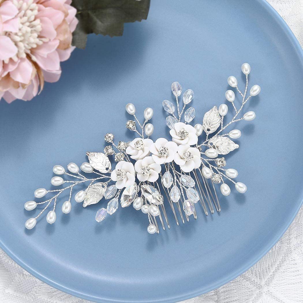 Flower Bride Wedding Hair Comb Leaf Bridal Headpiece Pearl Hair Accessories Crystal Hair Piece Jewelry for Women and Girls — image 3