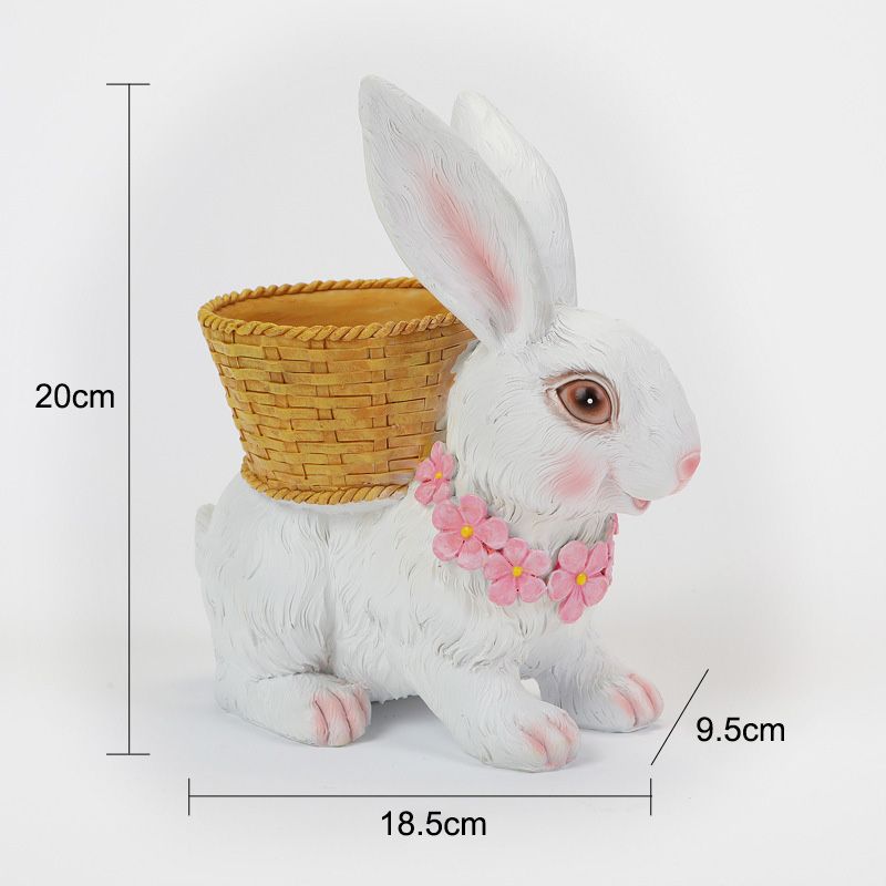 Rabbit Flowerpot Resin Process Rabbit Ornament with Back Basket Outdoor Decoration for Courtyard Garden White โ image 2