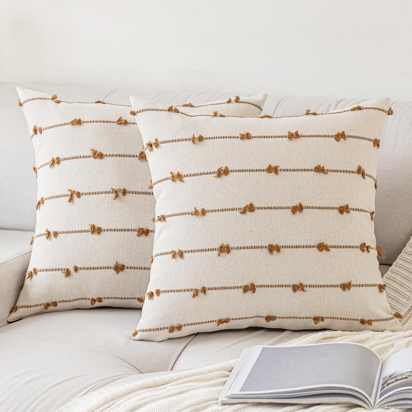 Boho Throw Pillow Covers 18x18 Set of 2 Modern Farmhouse Decorative Cushion Case Tufted Square Pillows Cover Neutral Pillow