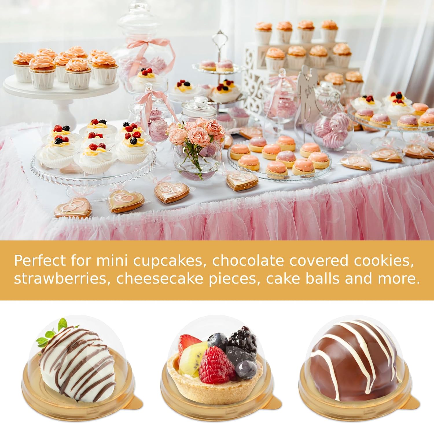50 Pack Mini Cake Containers, Clear Plastic Small Cupcake Boxes with Dome Lids for Individual Chocolate Covered Cookies, Strawberry, Mooncake (Gold) — image 3