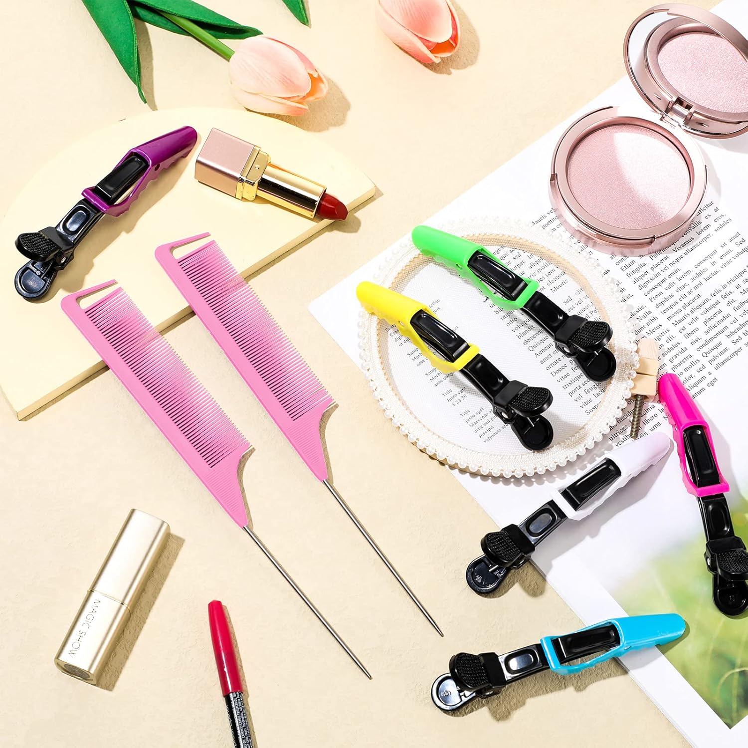 10 Pcs Hair Styling Tools Set Magnetic Gel & Silicone Wristband for Stylists and Braiders, Wrist Strap, 3 Rat Tail Combs and 6 Plastic Clips(Pink Wrist Strap) โ image 5