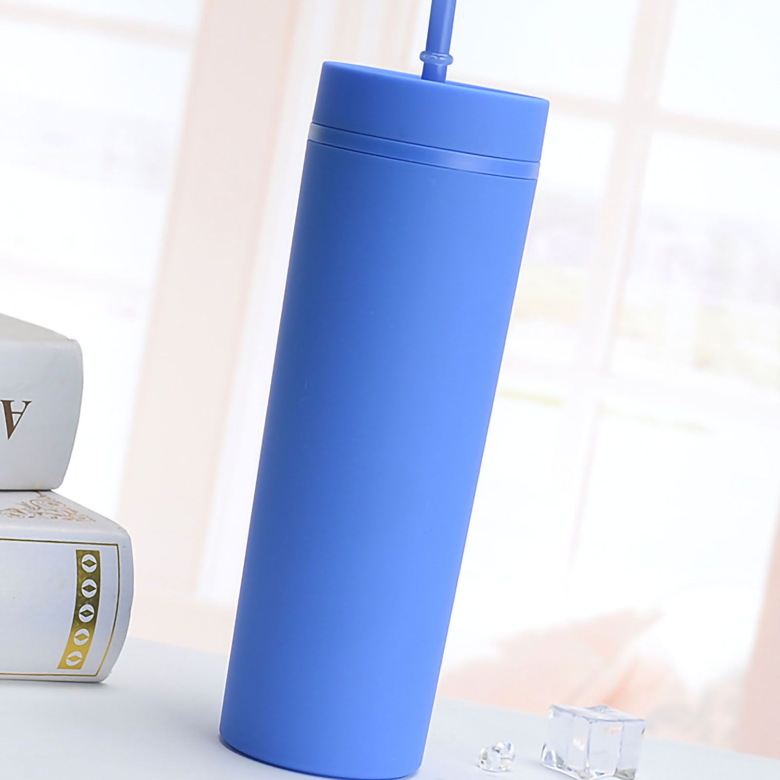 Straw Cup Colorful Plastic Simple Style Comfortable Hand Feeling Large Capacity Drinking Straw Bottle Blue 16oz — image 5