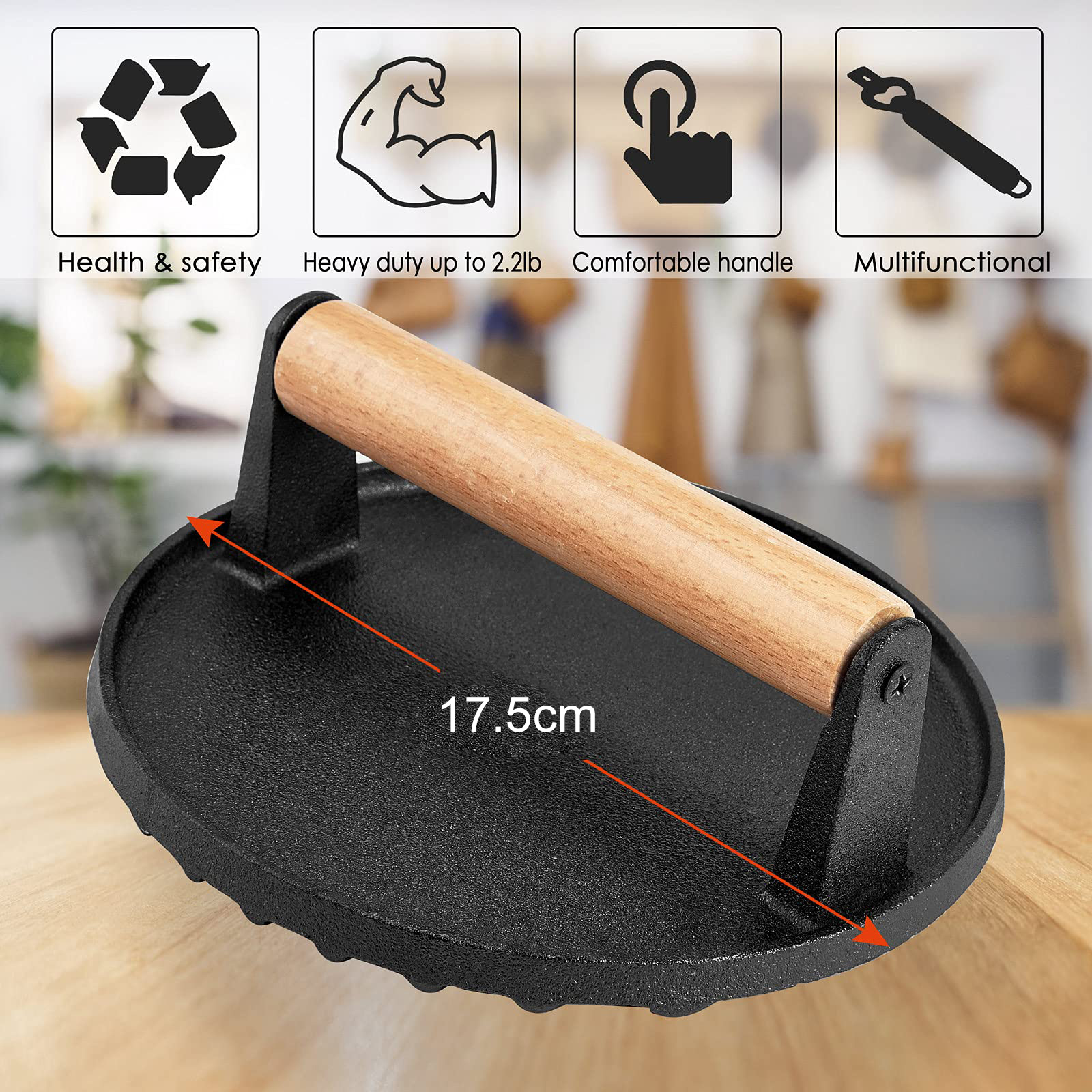 Heavy Duty Round / Rectangle Cast Iron Grill Burger Press Pre-Seasoned Steak Griddle BBQ Grilling โ image 6