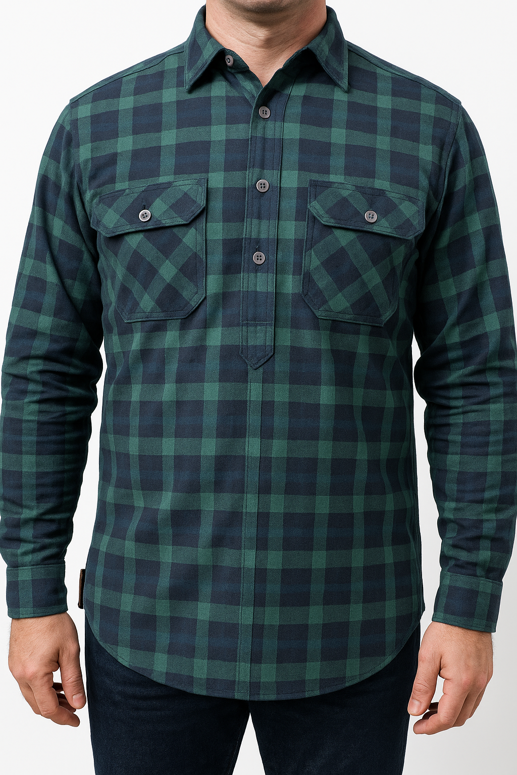 Mens Flannelette Long Sleeve Pullover Shirt 100% Cotton Flannel - Half Placket - Green/Navy — image 2