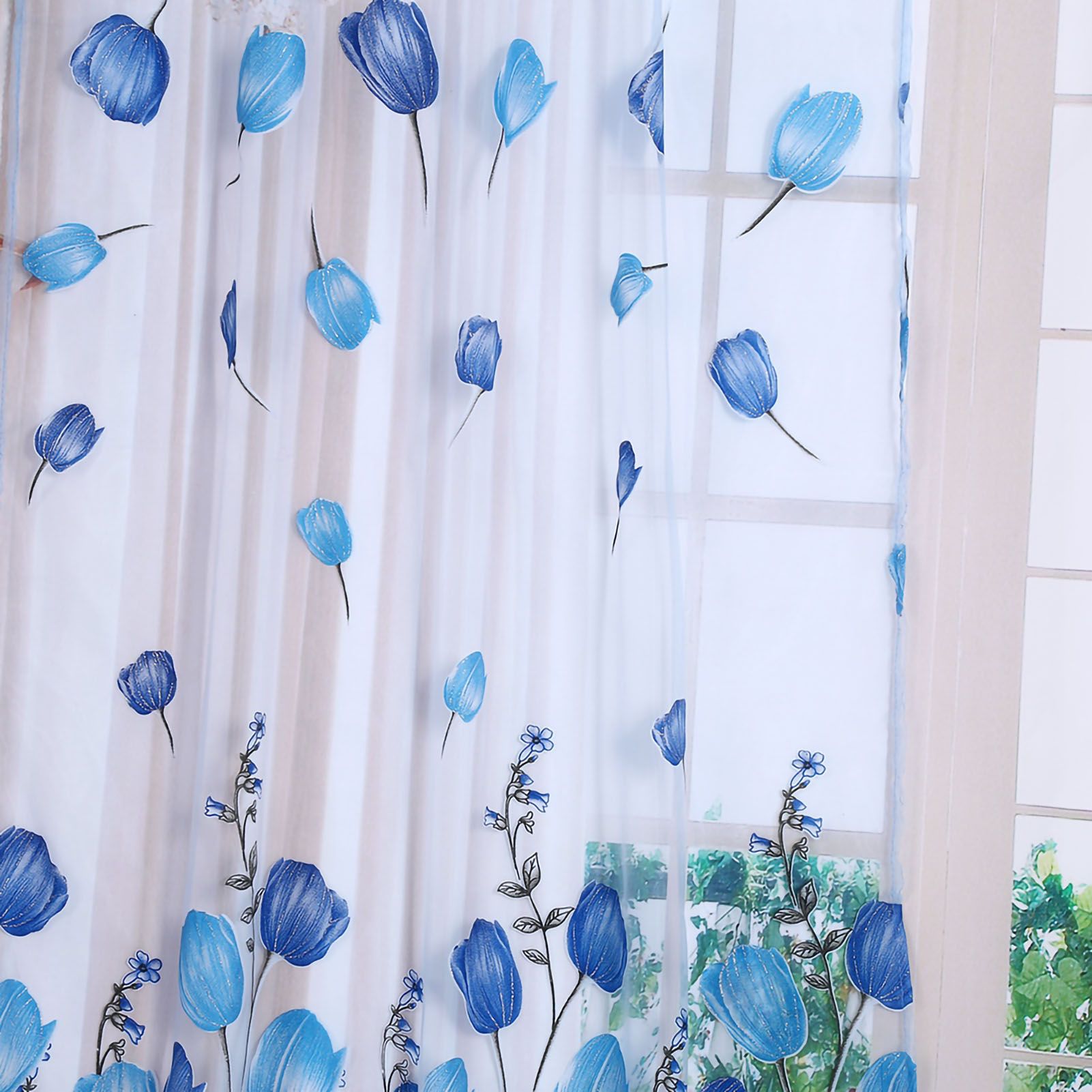 100*200cm Tulips Printing Tulle Curtains Sheer Drape Balcony Window Decoration Blue — image 3