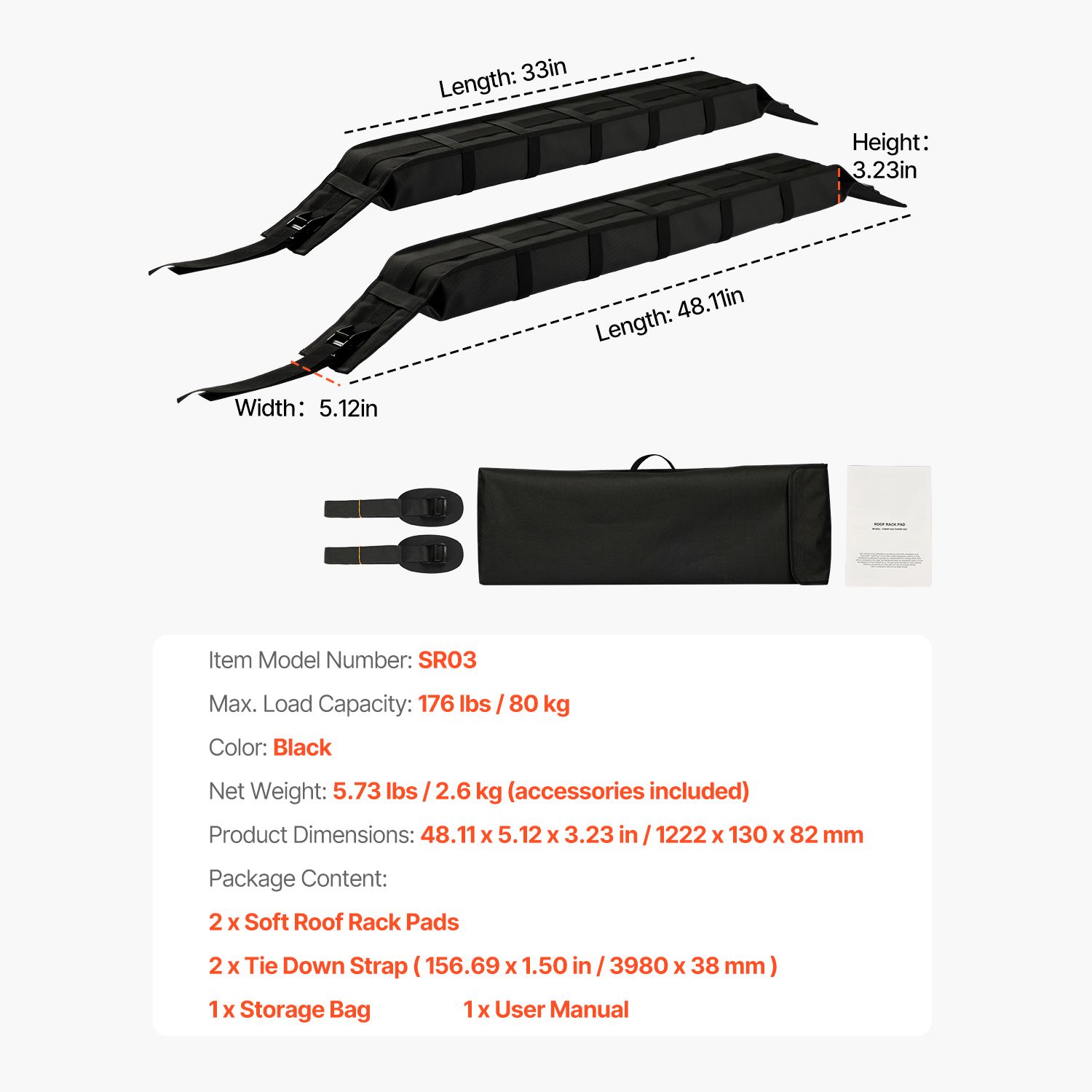 Soft Roof Rack Pads 33in 176lbs Load Capacity for Kayak Canoe Surfboard Luggage — image 4