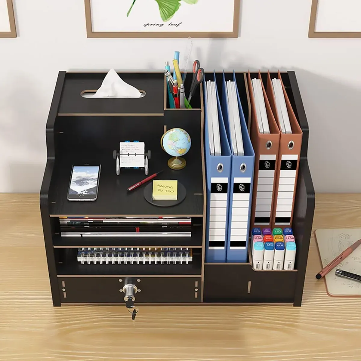 Wooden Desktop Storage Box with Locking Drawer Space Saving for Home Office Use - Wood — image 5