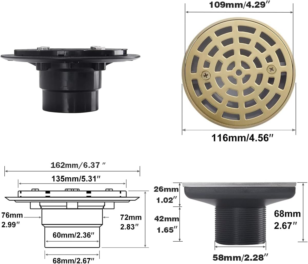 Round Shower Drain SUS304 Stainless Steel Brushed Gold Shower Drain 4 inch with Adjustable PVC Base Flange,Shower Floor Drain with Removable Cover Grid Grate — image 2