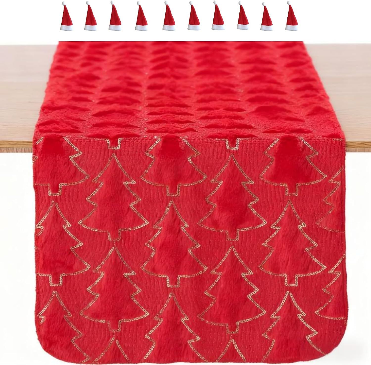 Christmas Table Runner with 10 Mini Christmas Hats, 13x72 in Soft Faux Fur with Sequined Xmas Trees Holiday Winter Home Party and Indoor Festive