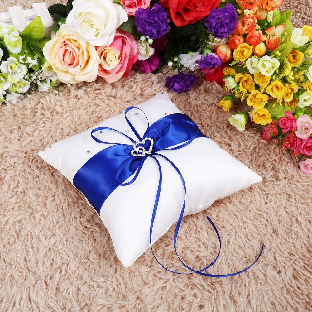 Wedding Ring Bearer Holder Pillow Cushion With Bowknot Stain Double Hearts Diamonds (Blue) — image 3