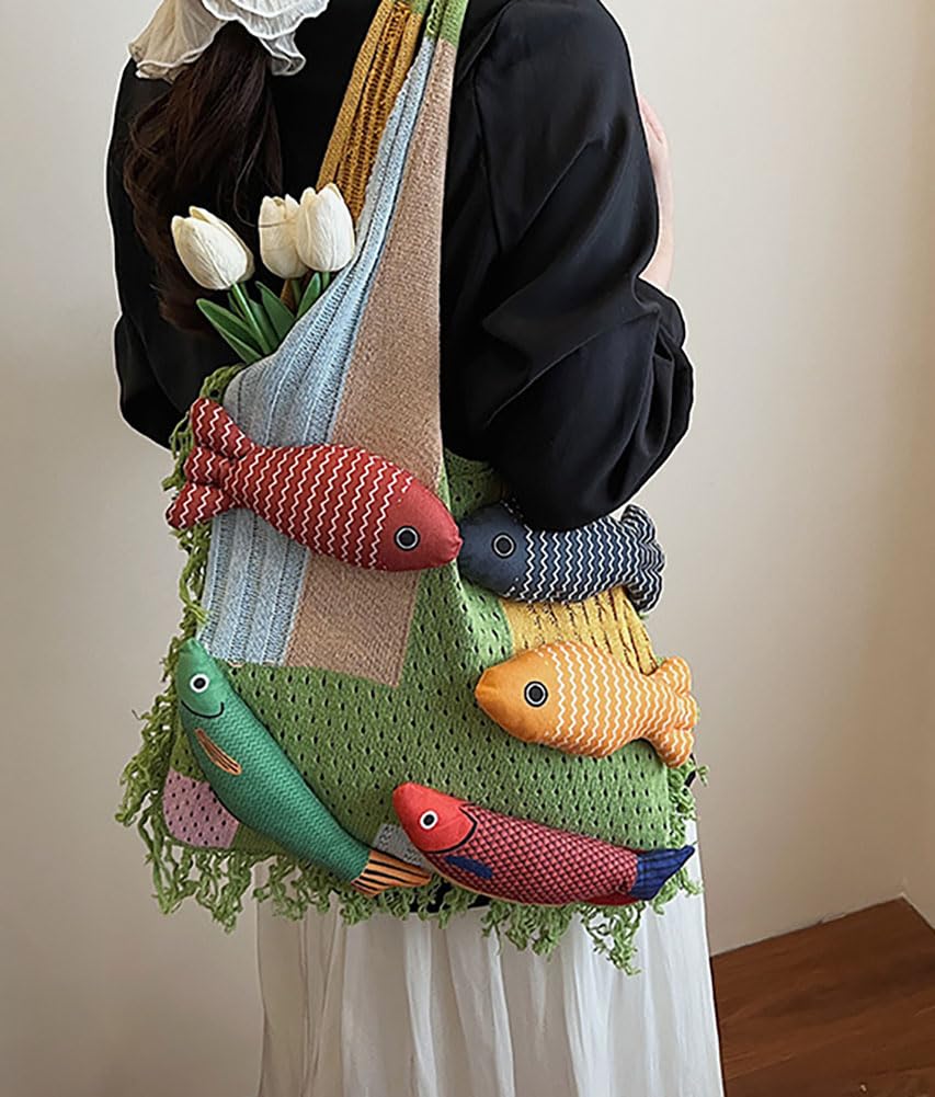 Boho Knit Tote Bag with 3D Fish Applique – Patchwork Shoulder Bag for Women, Beach, Travel & Daily Use – Soft Fringe Design (Green) — image 2