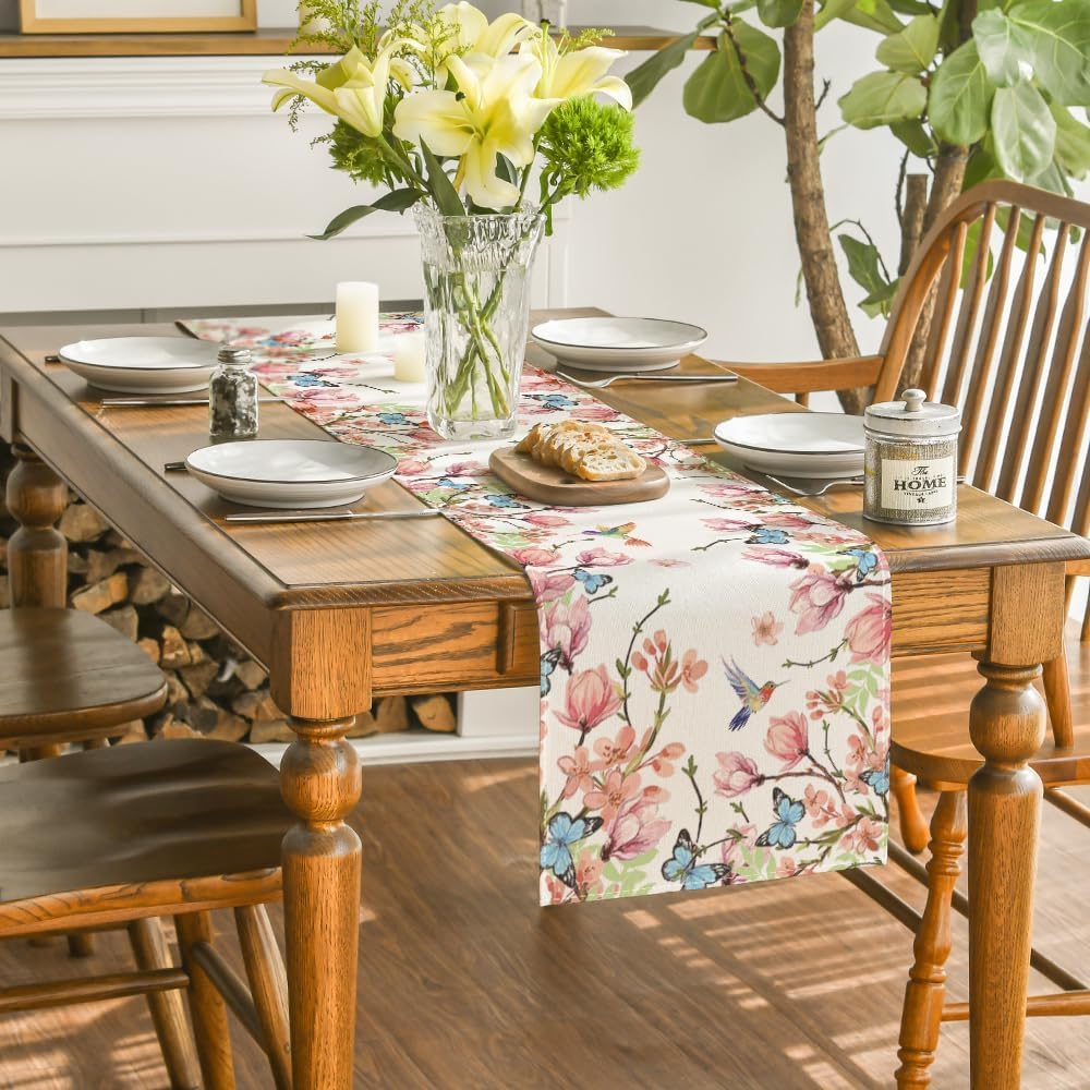 Flowers Bird Butterfly Spring Table Runner, Seasonal Kitchen Dining Table Decoration for Home Party Decor 13 × 72 Inch — image 4