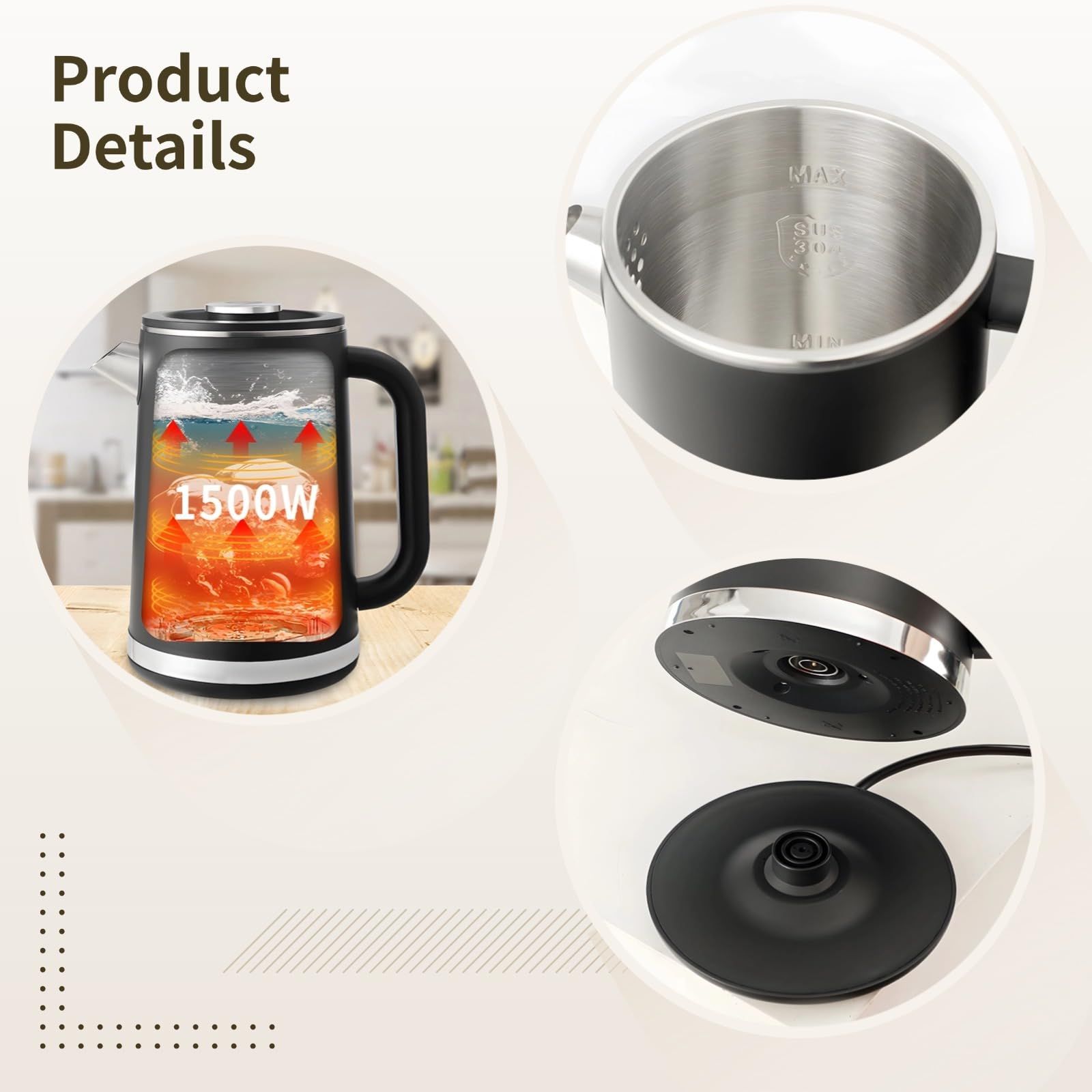 Black electric kettle, 1.7L stainless steel kettle, 1500W rapid heating, with LED display, adjustable temperature, double-walled anti-scalding — image 4
