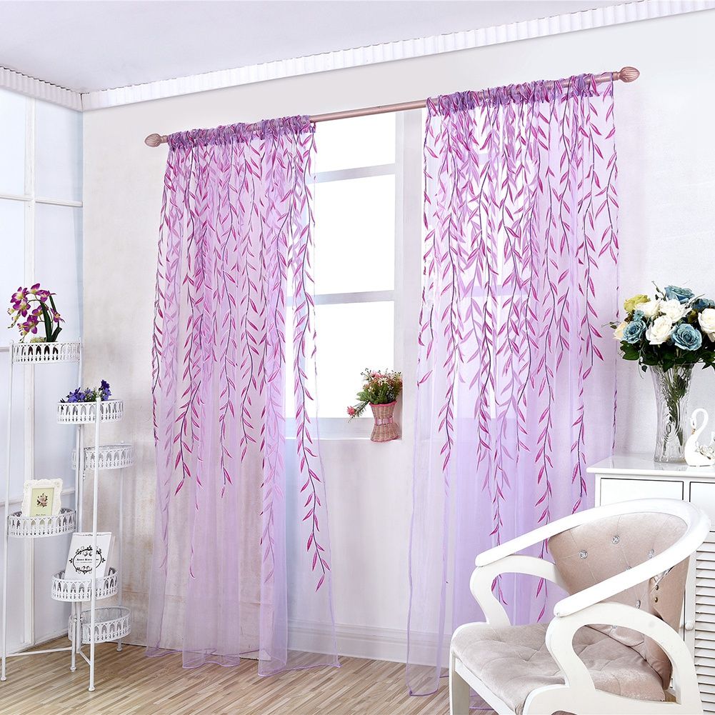 Wicker Print Sheer Vintage Embroidery Voile Window Panels for Bedroom Purple 100 x 200 cm — image 4