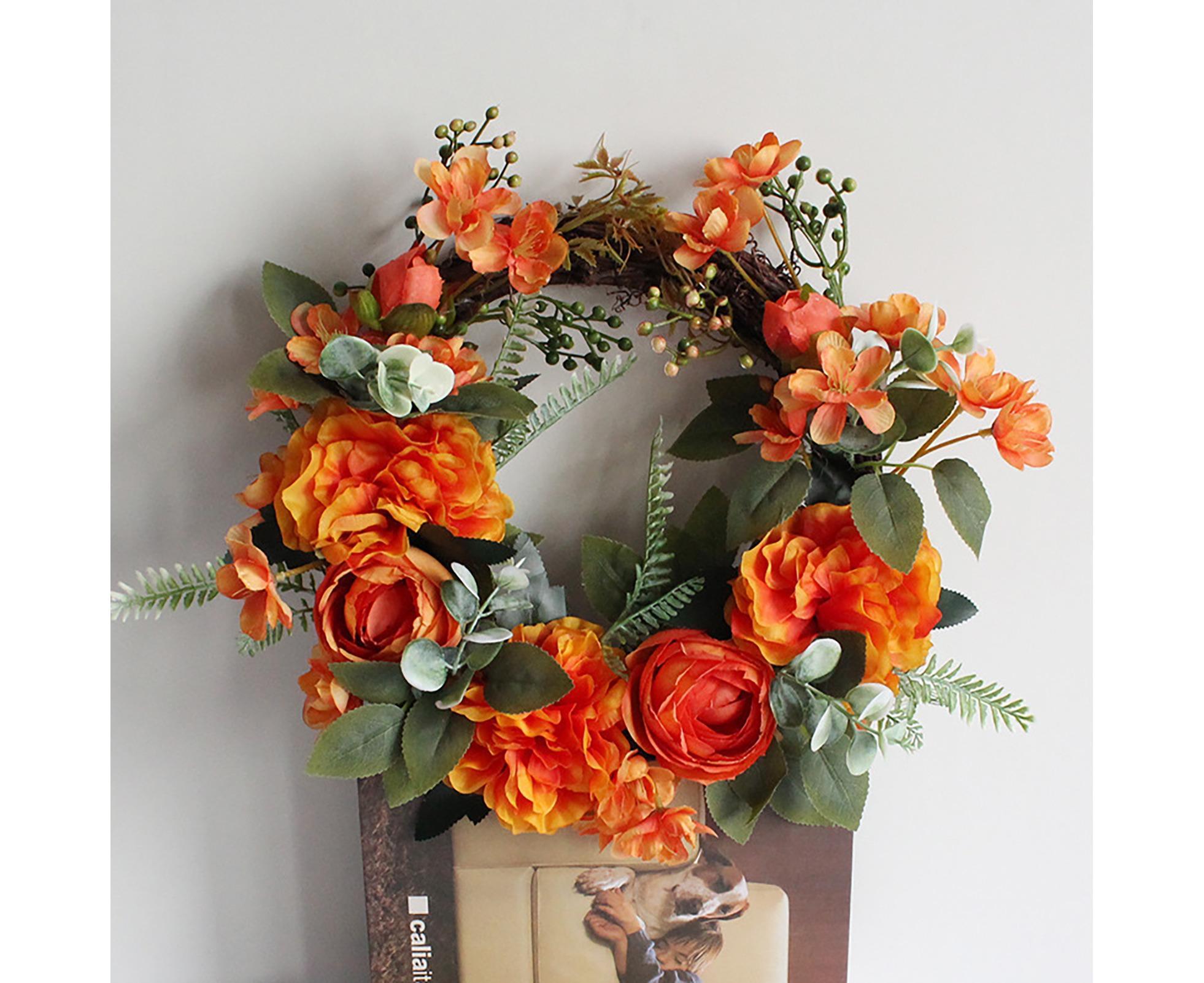 Hanging Wreath Exquisite Anti-deform Plastic Imitation Peony Flower Garland Pendant for Wedding-Dark Orange — image 2