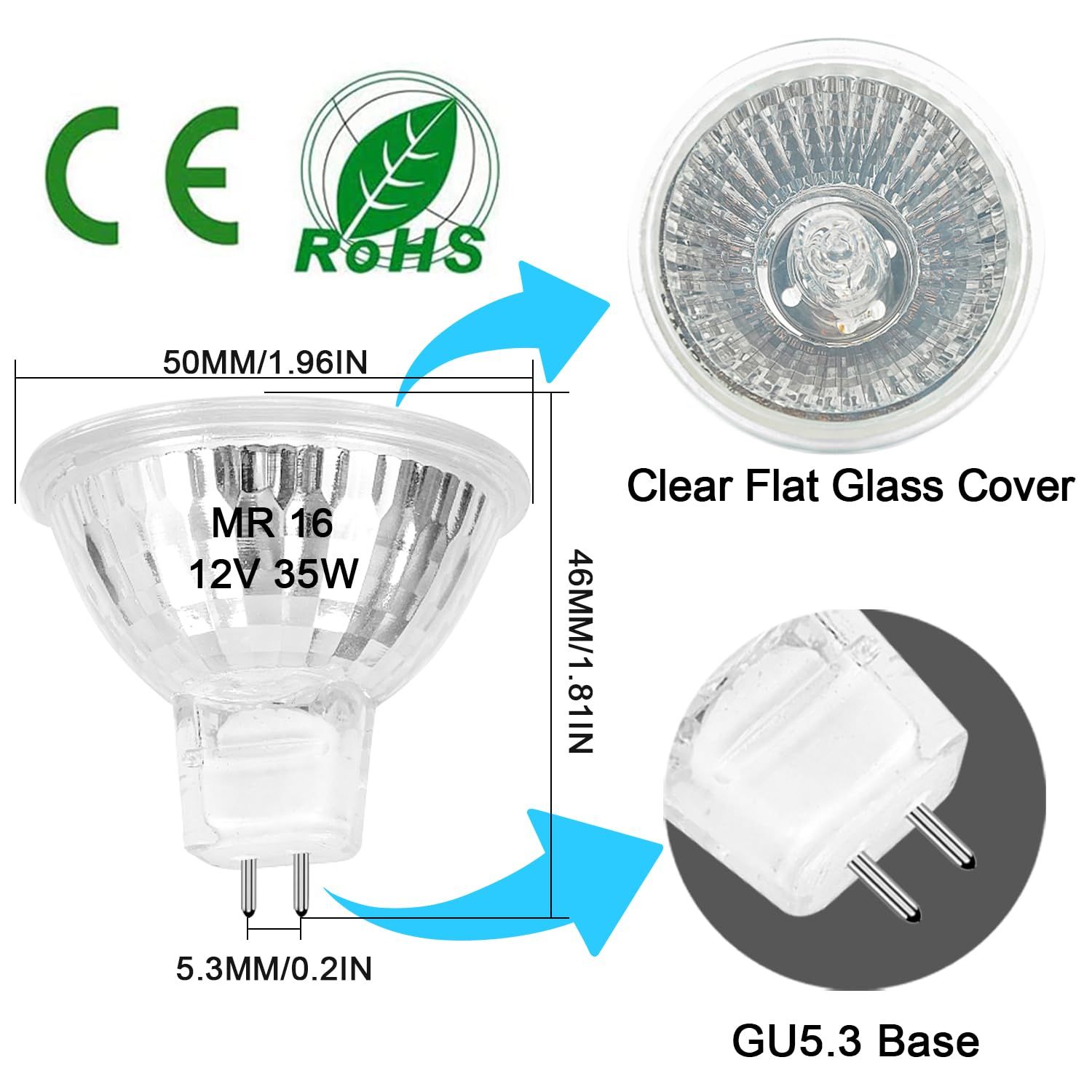 MR16 Halogen Bulb 35W Dimmable 12V GU5.3 Bi Pin Base Spotlight with Long Lifespan, 2700K Warm White MR16 Bulbs 6 Pack — image 2