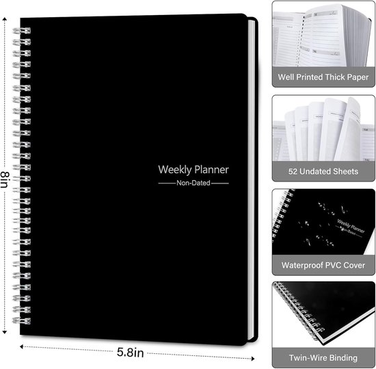 Weekly planner - Notebook for weekly to-do list - With goals and habit tracker - A5 format - Spiral binding - Unisex (Black, Type A) — image 2