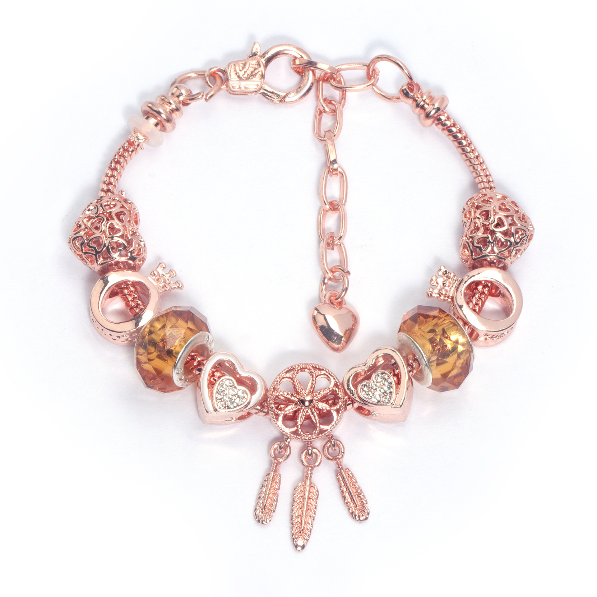 Rose Gold Plated Charm Bracelet with Zircon, Hollow Heart, Flower, Crown & Glass Beads(19cm)